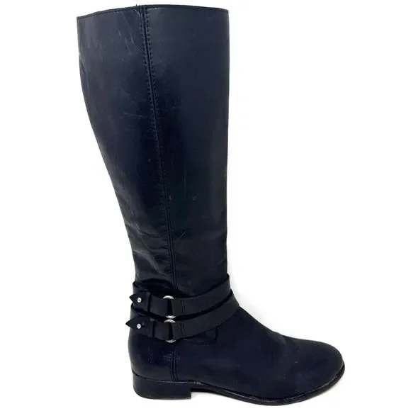 Frye Christie Tall Riding Boots Womens Sz 7.5 Black Leather 2 Buckles Equestrian - Picture 7 of 16